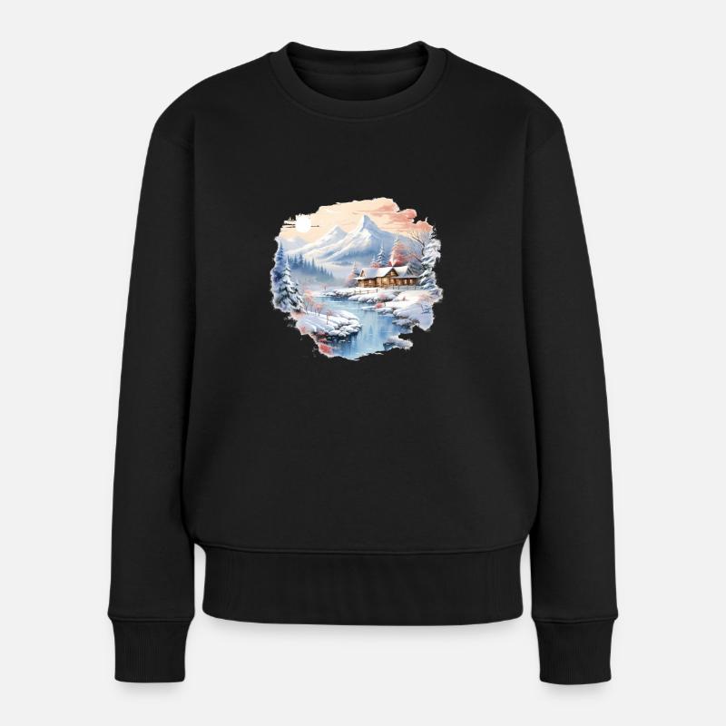 Wintertag mit Schnee Berge Eis Flüsse Mit Haus - Frauen Premium Bio Pullover - Schwarz