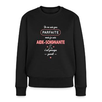 Pas parfaite mais je suis aide-soignante - Pull Premium bio Femme - noir - Devant - Julia (174cm)