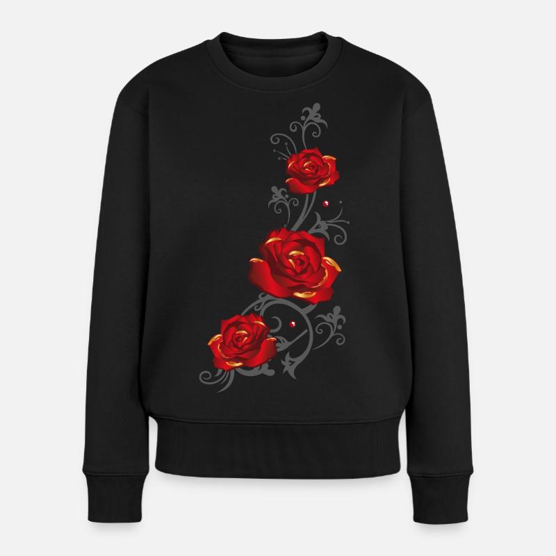 Ranke mit roten Rosen und Blättern - Frauen Premium Bio Pullover - Schwarz