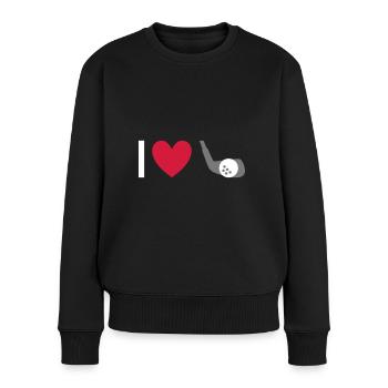 Ich liebe Golfen (Golfschläger, Herz, Golfball) - Frauen Premium Bio Pullover - Schwarz - Vorne - Julia (174cm)