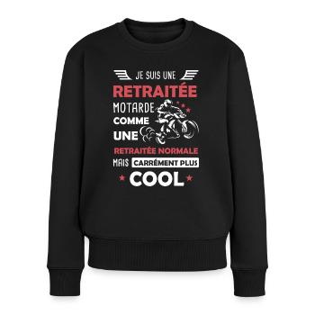 Retraitée Moto / Motarde Retraite - Pull Premium bio Femme - noir - Devant - Julia (174cm)