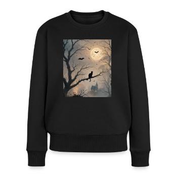Halloween Schwarze Katze Silhouette und Fledermäuse - Frauen Premium Bio Pullover - Schwarz - Vorne - Julia (174cm)