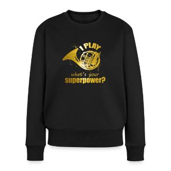 Horn Superpower Design für Waldhorn-Spieler - Frauen Premium Bio Pullover - Schwarz - Vorne - Julia (174cm)
