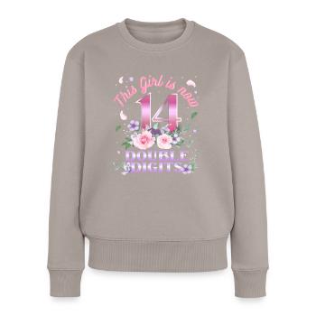 This Girl Is Now 14 Double Digits 14. - Women's Premium Organic Jumper - taupe - Front - Julia (174cm)
