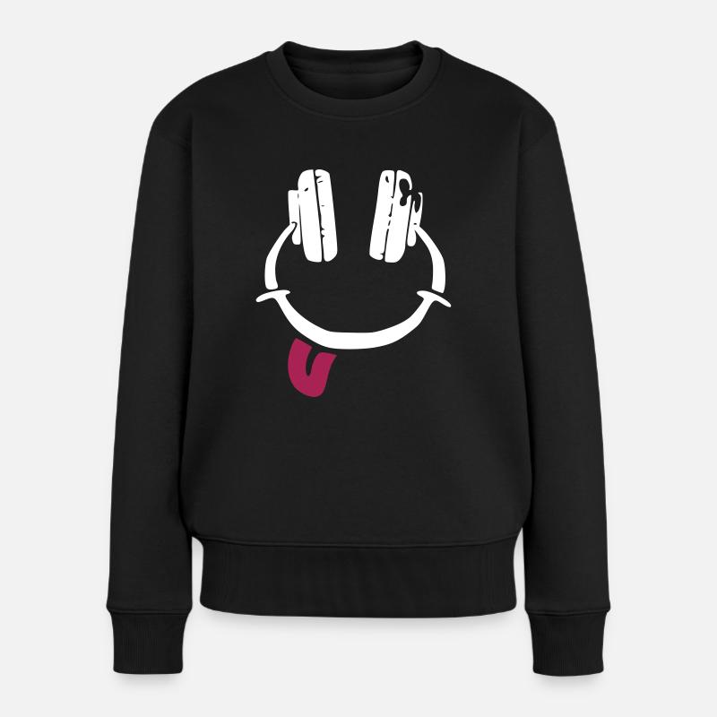 Kopfhörer - Smiley - Zunge - Frauen Premium Bio Pullover - Schwarz