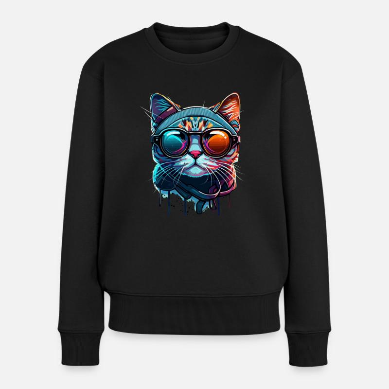 Buntes Katzengesicht mit Sonnenbrille stylish - Frauen Premium Bio Pullover - Schwarz
