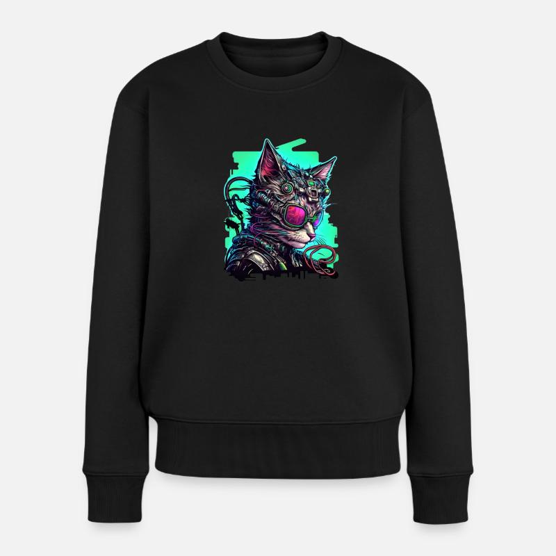Kybernetische Katze mit Fliegerbrille - Frauen Premium Bio Pullover - Schwarz