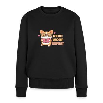 Niedlicher Corgi mit Brille Wuffwiederholung lesen - Frauen Premium Bio Pullover - Schwarz - Vorne - Julia (174cm)