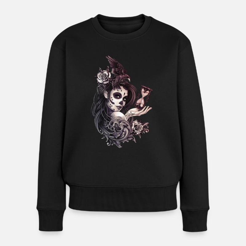 Fille de crâne de sucre de style de tatouage avec oiseau - Pull Premium bio Femme - noir