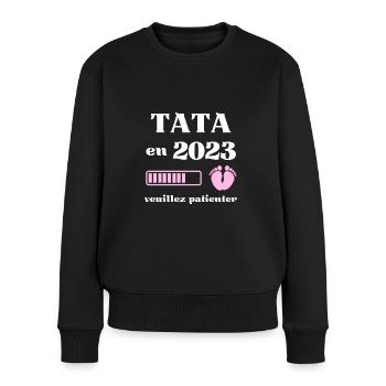 tata 2023 humour annonce grossesse tata cadeau - Pull Premium bio Femme - noir - Devant - Julia (174cm)