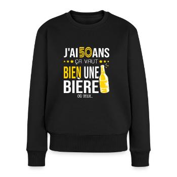 Cadeau d anniversaire 50 ans j ai 50 ans et bière - Pull Premium bio Femme - noir - Devant - Julia (174cm)