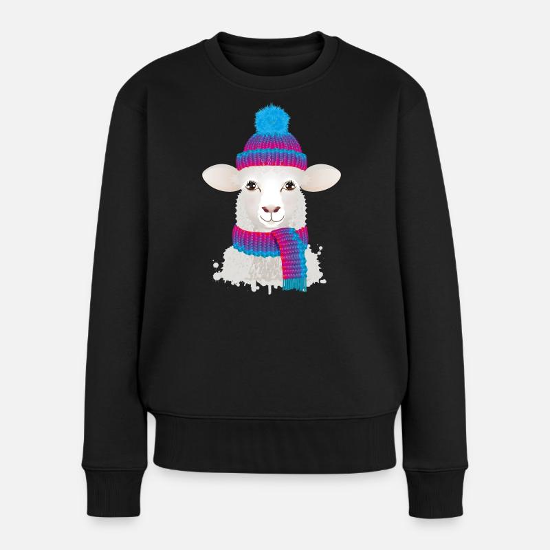 weißes Schaf mit bunter Pudelmütze & Strick Schal - Frauen Premium Bio Pullover - Schwarz