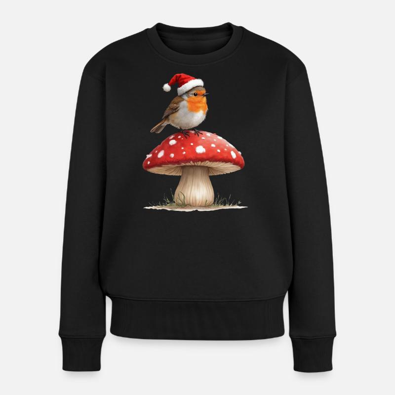 Rotkehlchen mit Nikolausmütze auf einem roten Pilz - Frauen Premium Bio Pullover - Schwarz