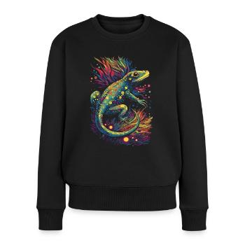 Coole trippy Eidechse/Echse mit bunten Pflanzen - Frauen Premium Bio Pullover - Schwarz - Vorne - Julia (174cm)