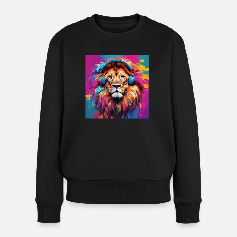 Löwe mit Kopfhörern - Frauen Premium Bio Pullover - Schwarz