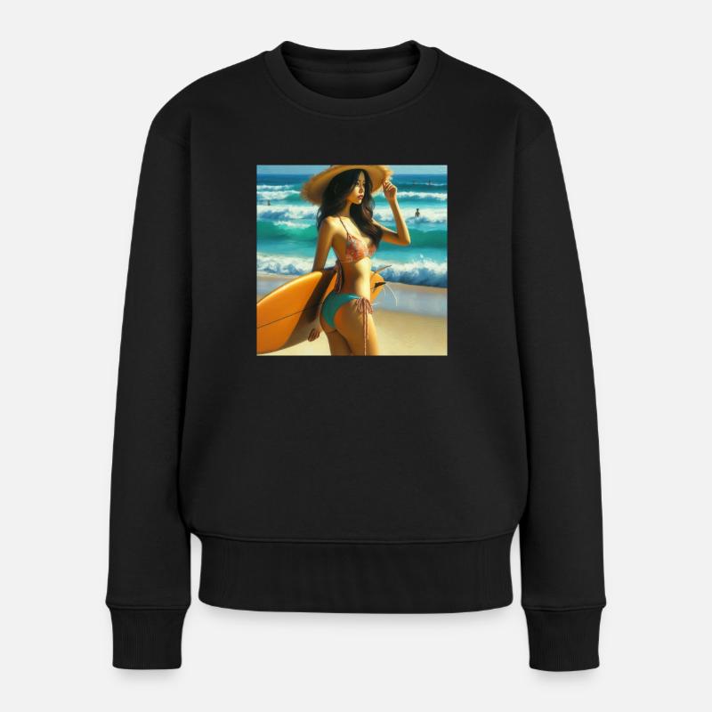 Surferin am Strand - Frauen Premium Bio Pullover - Schwarz