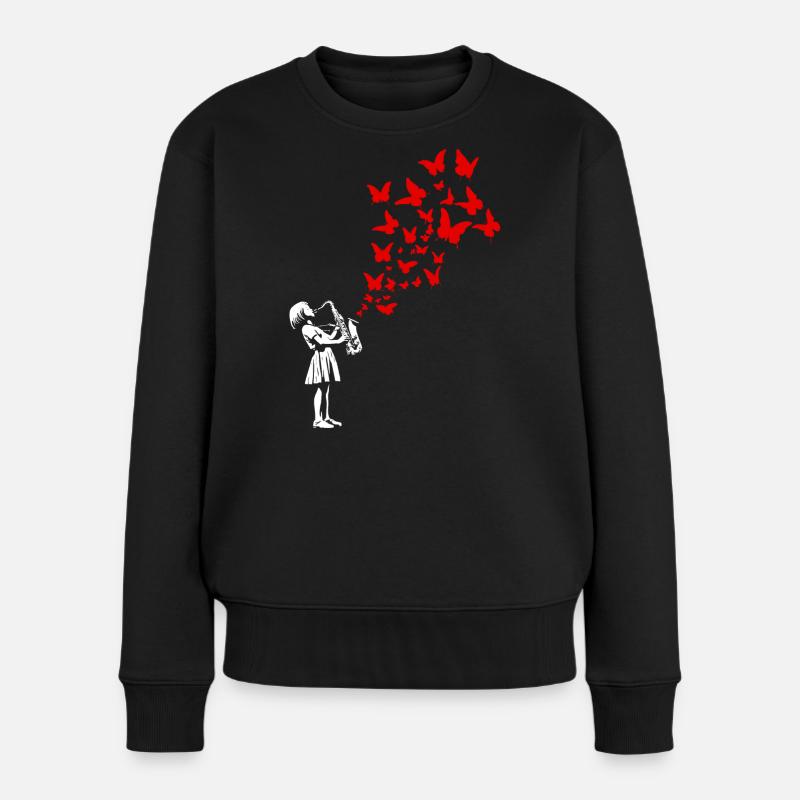 Mädchen spielt Saxophon im Streetart Stil - Frauen Premium Bio Pullover - Schwarz