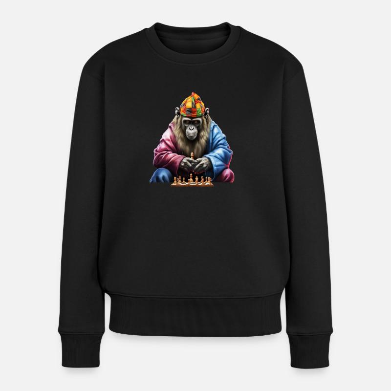 Schimpanse beim Schachspiel Kunst, Affe Schach - Frauen Premium Bio Pullover - Schwarz