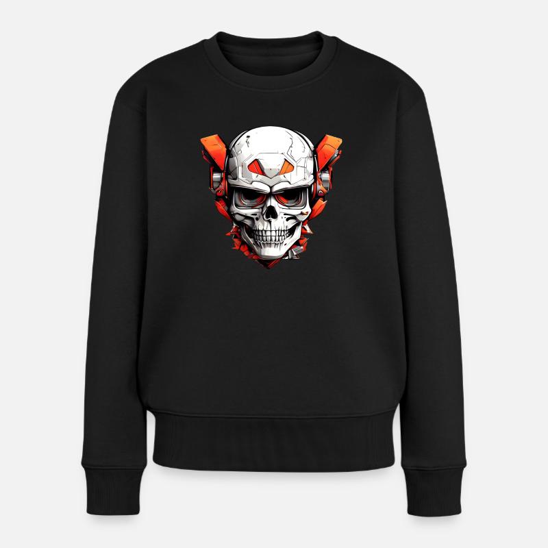 Crâne de bande dessinée avec pièces mécaniques rouges - Pull Premium bio Femme - noir