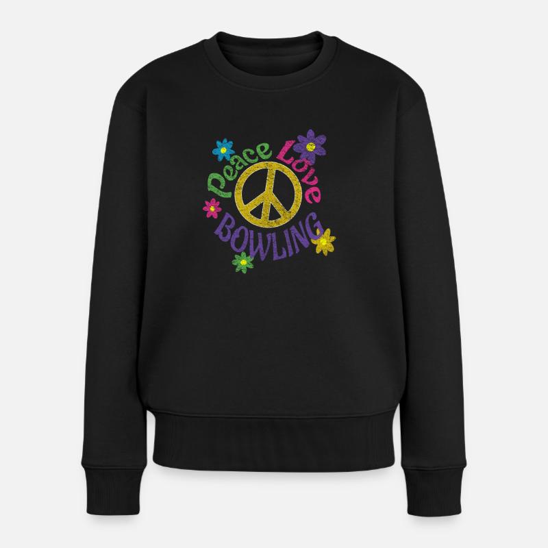 Peace Love Bowling - Flower Power Hippie Design - Frauen Premium Bio Pullover - Schwarz