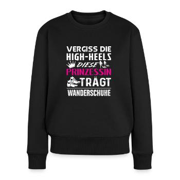 Prinzessin trägt Wanderschuhe / High-Heels, Berge - Frauen Premium Bio Pullover - Schwarz - Vorne - Julia (174cm)