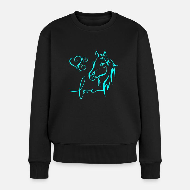 Pferde türkis Liebe Herzen - Frauen Premium Bio Pullover - Schwarz