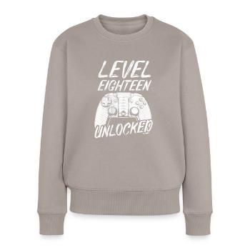Level 18 Unlocked 18. Geburtstag - Frauen Premium Bio Pullover - Taupe - Vorne - Julia (174cm)