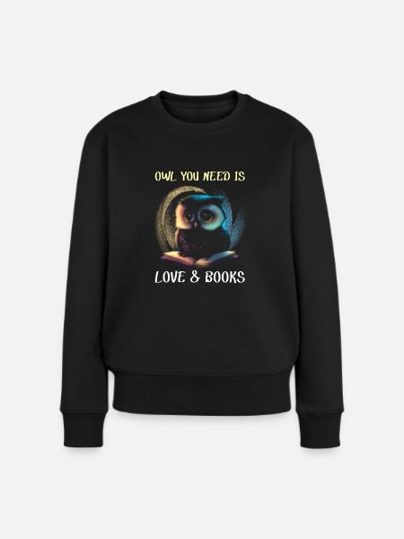Eule auf dem Buch - Frauen Premium Bio Pullover - Schwarz