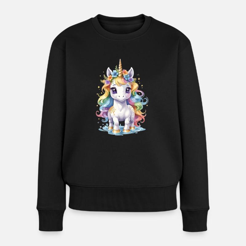 Regenbogeneinhorn - Frauen Premium Bio Pullover - Schwarz