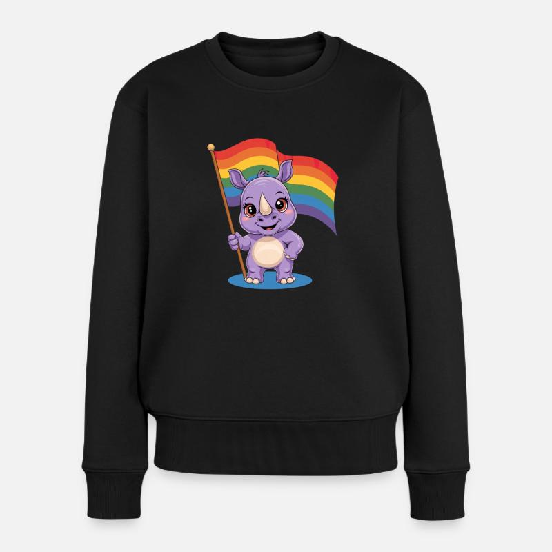 Niedliches Nashorn Mit Regenbogenfahne - Frauen Premium Bio Pullover - Schwarz