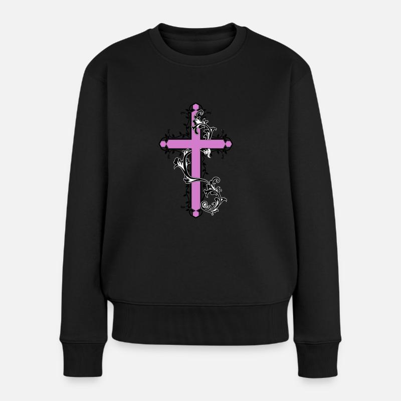 Kreuz mit Blumen Ranken Gott Kirche Jesus - Frauen Premium Bio Pullover - Schwarz