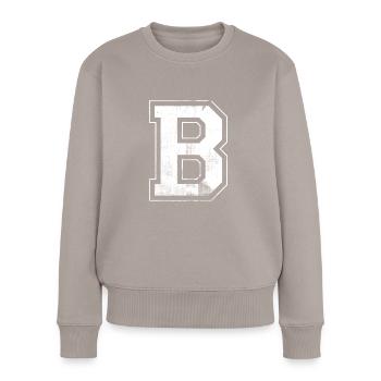 B Lettre initiale B College Nom de la police Ville - Pull Premium bio Femme - taupe - Devant - Julia (174cm)