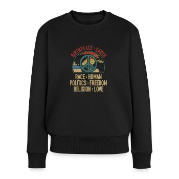 Lieu de naissance Terre Race Liberté humaine Religion Amour - Pull Premium bio Femme - noir - Devant - Julia (174cm)