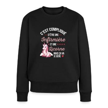 Infirmière et Licorne Humour idée Cadeau - Pull Premium bio Femme - noir - Devant - Julia (174cm)