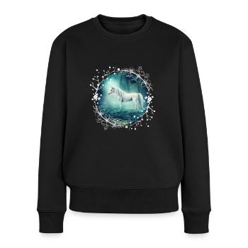 Einhorn Wald magisch Blumen - Frauen Premium Bio Pullover - Schwarz - Vorne - Julia (174cm)