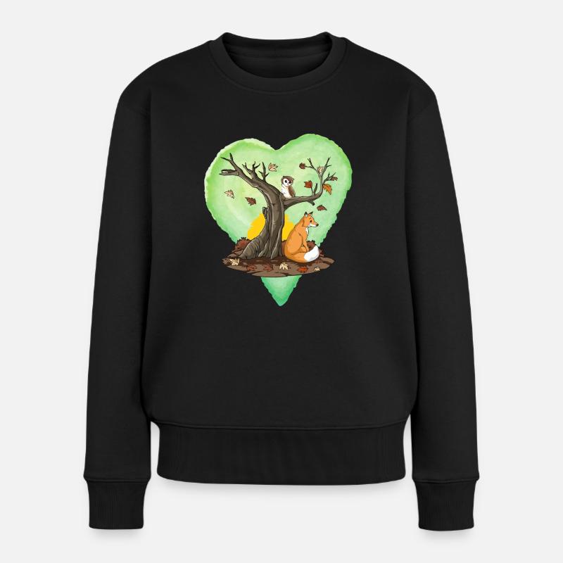 Herbst, Herbst Themen, Fuchs und Eule mit Baum, Herz - Frauen Premium Bio Pullover - Schwarz