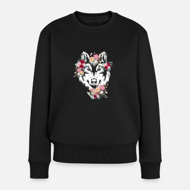 Wolf Wolfskopf Blumen Deko - Frauen Premium Bio Pullover - Schwarz