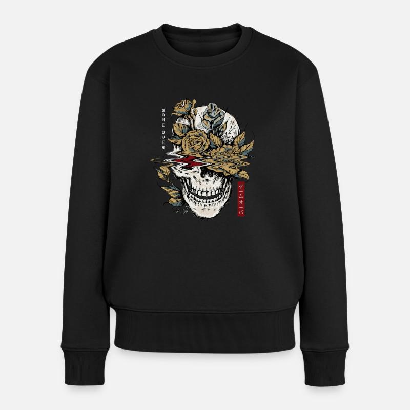 Edgy Schädel and Flowers Game Over Goth Vaporwave - Frauen Premium Bio Pullover - Schwarz