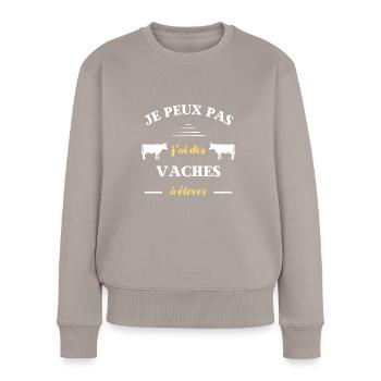 je peux pas j'ai des vaches à élever humour vache - Pull Premium bio Femme - taupe - Devant - Julia (174cm)