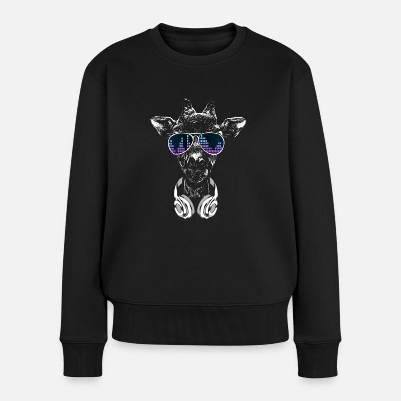 Giraffe mit Kopfhörer und cooler Sonnen Brille - Frauen Premium Bio Pullover - Schwarz