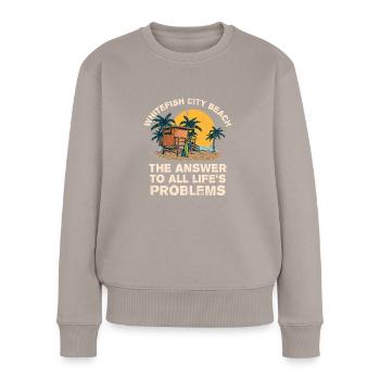 Whitefish City Beach Answer To All Life's - Frauen Premium Bio Pullover - Taupe - Vorne - Julia (174cm)