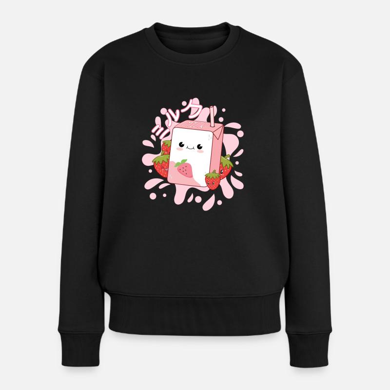 Japanischer Kawaii Erdbeer-Milchshake - Frauen Premium Bio Pullover - Schwarz