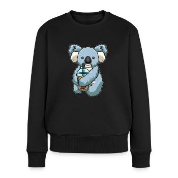 Koala trinkt Bubble Tea - Frauen Premium Bio Pullover - Schwarz - Vorne - Julia (174cm)