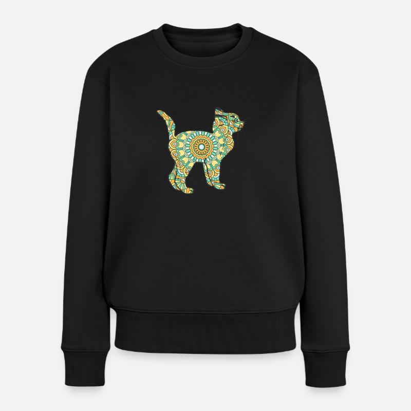 Mandala Katze Geometrie Muster - Frauen Premium Bio Pullover - Schwarz