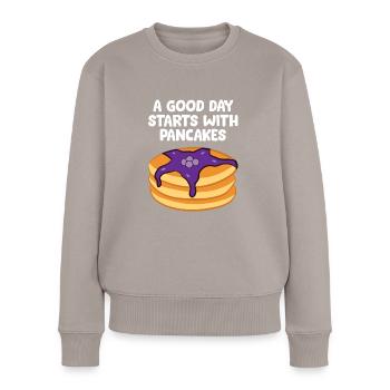 Crêpes pour le petit déjeuner Une bonne journée commence par - Pull Premium bio Femme - taupe - Devant - Julia (174cm)