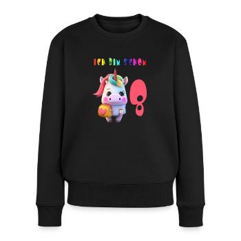 Ich bin schon 8 Süsses Einhorn mit Rucksack Motiv - Frauen Premium Bio Pullover - Schwarz - Vorne - Julia (174cm)