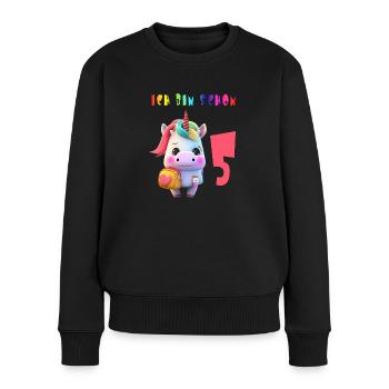 Ich bin schon 5 Süsses Einhorn mit Rucksack Motiv - Frauen Premium Bio Pullover - Schwarz - Vorne - Julia (174cm)
