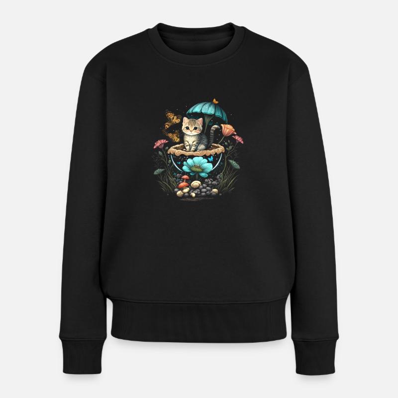 Cottagecore Aesthetic Mushroom Cat - Frauen Premium Bio Pullover - Schwarz