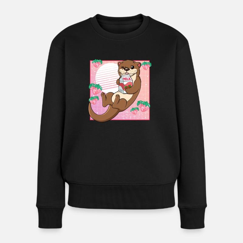 Kawaii Otter Erdbeermilch - Frauen Premium Bio Pullover - Schwarz