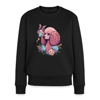 Rosa Pudel mit Blumen, Schmetterlingen, Retro Stil - Frauen Premium Bio Pullover - Schwarz - Vorne - Julia (174cm)